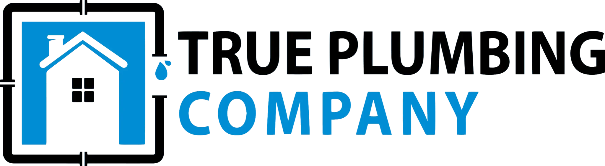 True Plumbing Company logo featuring a house silhouette inside a blue square with a pipe outline and water drop.